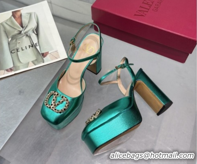 Buy Luxury Valentino Vlogo Signature Platform Pumps 11cm with Strass in Laminated Nappa Leather Green 0902070