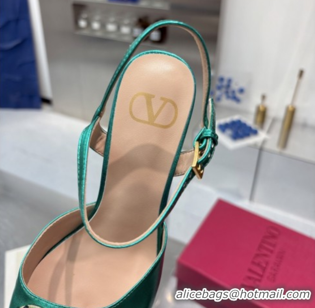 Buy Luxury Valentino Vlogo Signature Platform Pumps 11cm with Strass in Laminated Nappa Leather Green 0902070