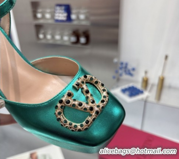 Buy Luxury Valentino Vlogo Signature Platform Pumps 11cm with Strass in Laminated Nappa Leather Green 0902070
