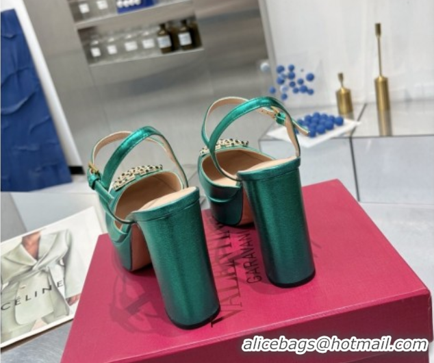 Buy Luxury Valentino Vlogo Signature Platform Pumps 11cm with Strass in Laminated Nappa Leather Green 0902070