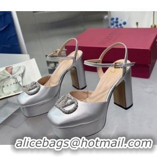 Good Quality Valentino Vlogo Signature Platform Pumps 11cm with Strass in Laminated Nappa Leather Silver 0902071