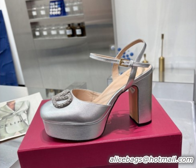 Good Quality Valentino Vlogo Signature Platform Pumps 11cm with Strass in Laminated Nappa Leather Silver 0902071