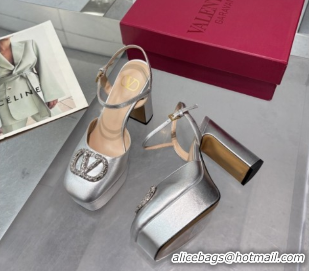 Good Quality Valentino Vlogo Signature Platform Pumps 11cm with Strass in Laminated Nappa Leather Silver 0902071