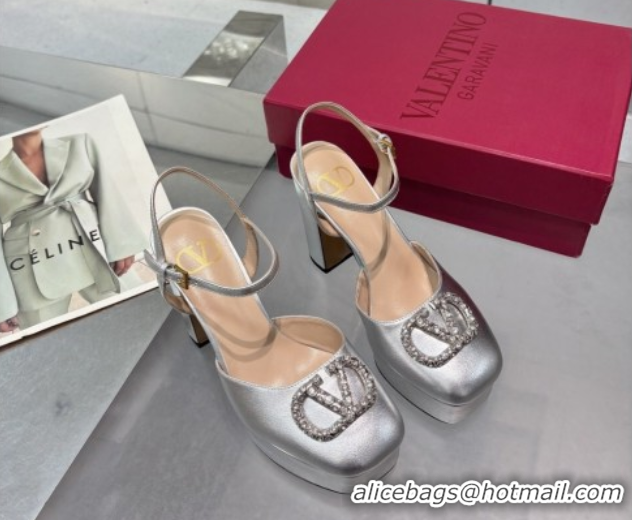 Good Quality Valentino Vlogo Signature Platform Pumps 11cm with Strass in Laminated Nappa Leather Silver 0902071