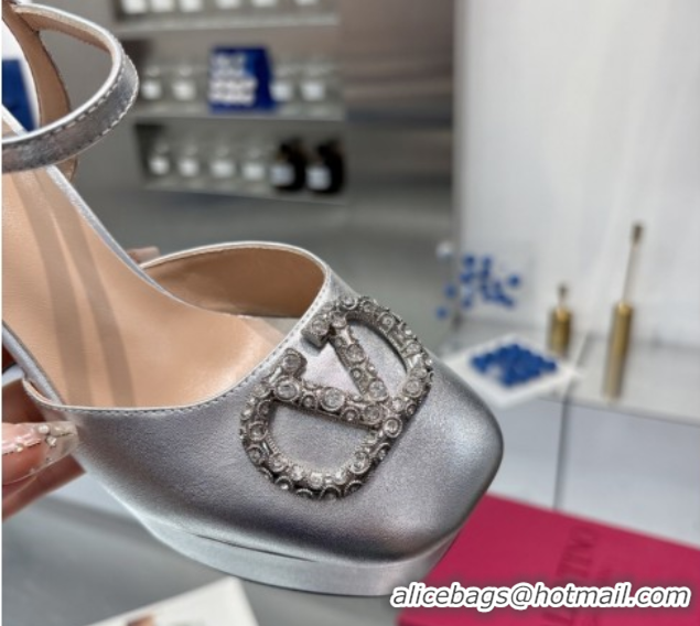 Good Quality Valentino Vlogo Signature Platform Pumps 11cm with Strass in Laminated Nappa Leather Silver 0902071