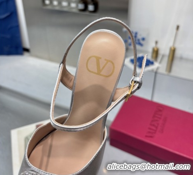 Good Quality Valentino Vlogo Signature Platform Pumps 11cm with Strass in Laminated Nappa Leather Silver 0902071