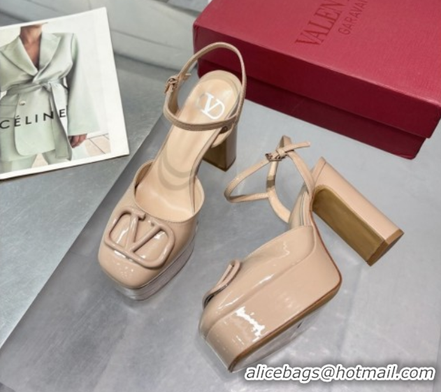 Pretty Style Valentino Vlogo Signature Platform Pumps 11cm in Patent Leather Nude 0902072