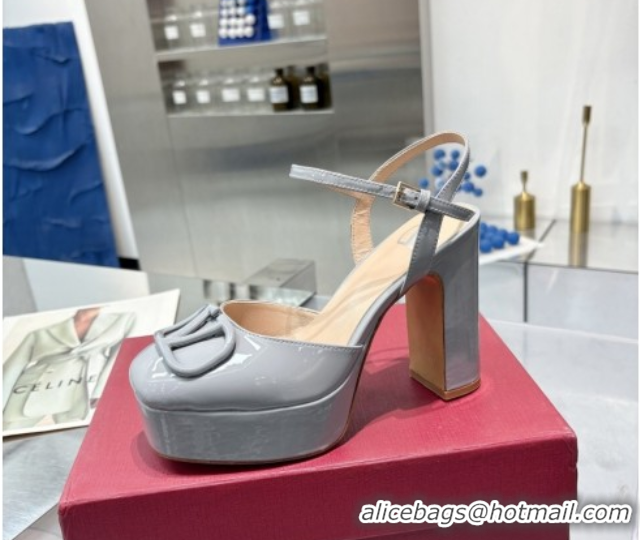 Good Quality Valentino Vlogo Signature Platform Pumps 11cm in Patent Leather Grey 0902074