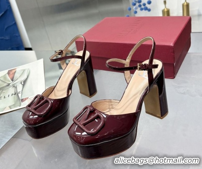 Top Grade Valentino Vlogo Signature Platform Pumps 11cm in Patent Leather Dark Burgundy 0902076