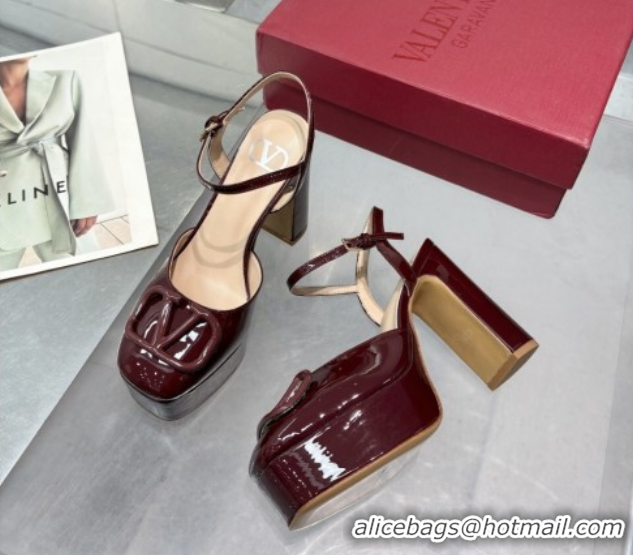 Top Grade Valentino Vlogo Signature Platform Pumps 11cm in Patent Leather Dark Burgundy 0902076