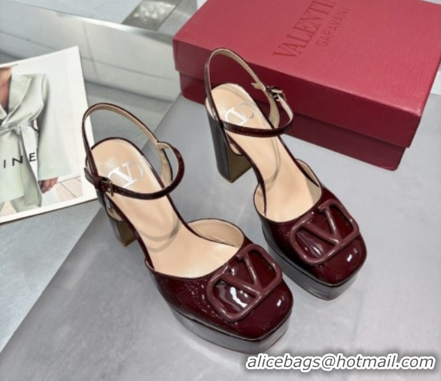 Top Grade Valentino Vlogo Signature Platform Pumps 11cm in Patent Leather Dark Burgundy 0902076