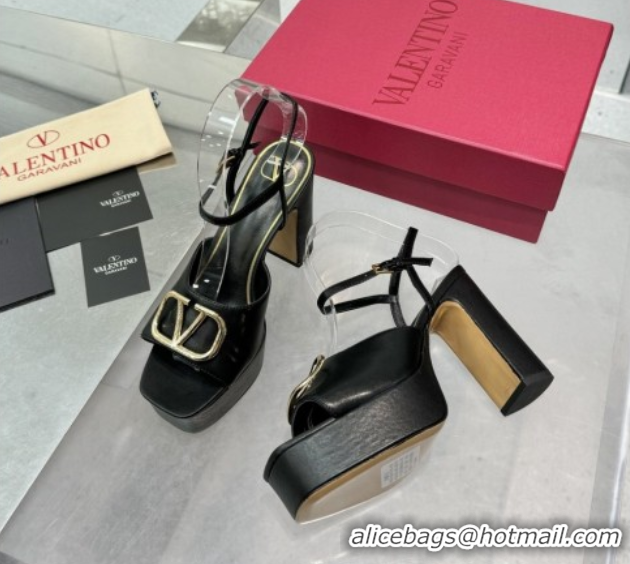 Grade Quality Valentino Vlogo Signature Platform Sandals 11cm in Calfskin Leather Black/Gold 0902080