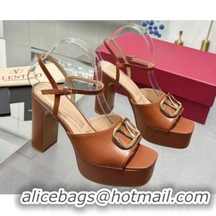 Low Price Valentino Gold-Tone Vlogo Signature Platform Sandals 11cm in Calfskin Leather Brown 0902081