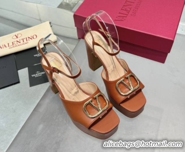 Low Price Valentino Gold-Tone Vlogo Signature Platform Sandals 11cm in Calfskin Leather Brown 0902081