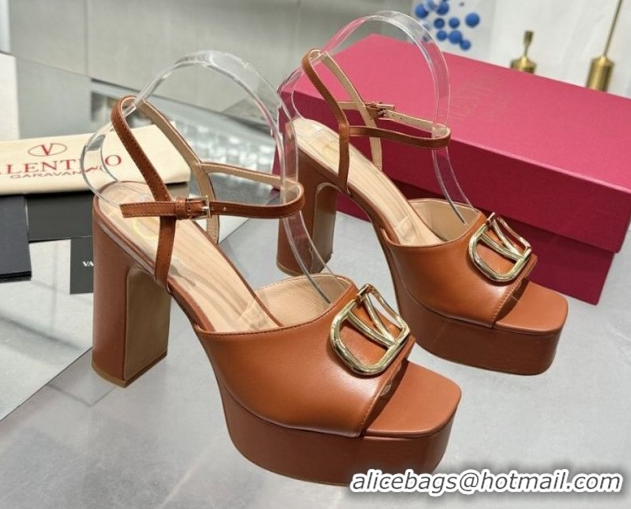 Low Price Valentino Gold-Tone Vlogo Signature Platform Sandals 11cm in Calfskin Leather Brown 0902081