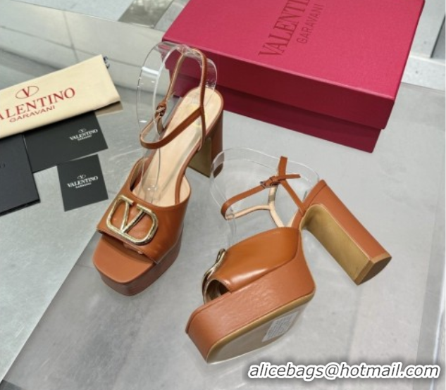 Low Price Valentino Gold-Tone Vlogo Signature Platform Sandals 11cm in Calfskin Leather Brown 0902081