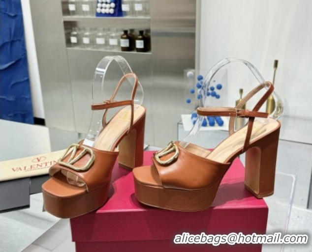 Low Price Valentino Gold-Tone Vlogo Signature Platform Sandals 11cm in Calfskin Leather Brown 0902081
