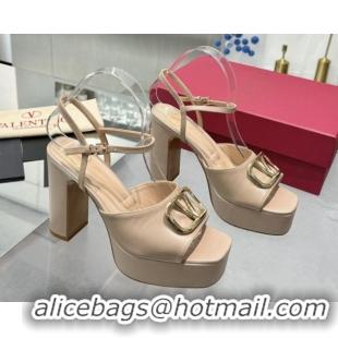 Top Design Valentino Gold-Tone Vlogo Signature Platform Sandals 11cm in Calfskin Leather Nude 0902082