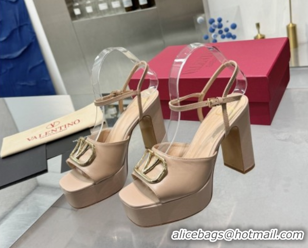 Top Design Valentino Gold-Tone Vlogo Signature Platform Sandals 11cm in Calfskin Leather Nude 0902082