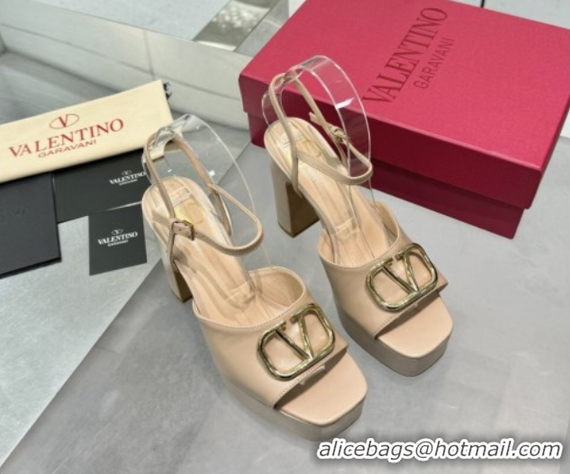 Top Design Valentino Gold-Tone Vlogo Signature Platform Sandals 11cm in Calfskin Leather Nude 0902082