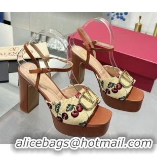 Most Popular Valentino Vlogo Signature Cherryfic Platform Sandals 11cm Jacquard Synthetic Raffia Brown 0902084