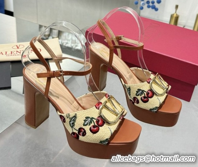 Most Popular Valentino Vlogo Signature Cherryfic Platform Sandals 11cm Jacquard Synthetic Raffia Brown 0902084