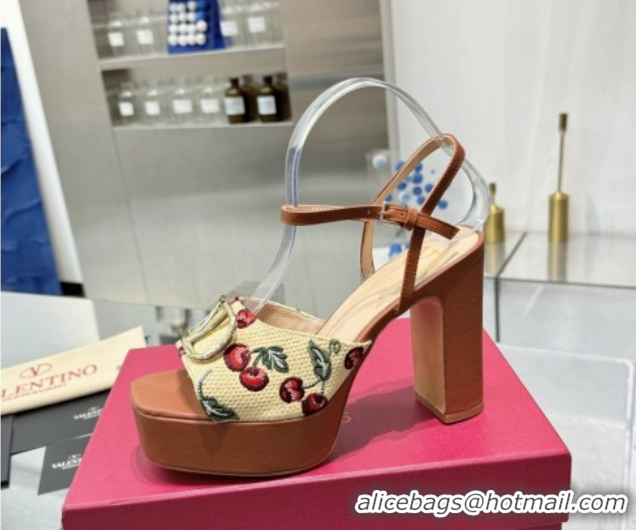 Most Popular Valentino Vlogo Signature Cherryfic Platform Sandals 11cm Jacquard Synthetic Raffia Brown 0902084