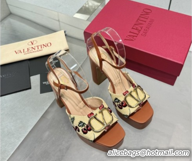 Most Popular Valentino Vlogo Signature Cherryfic Platform Sandals 11cm Jacquard Synthetic Raffia Brown 0902084