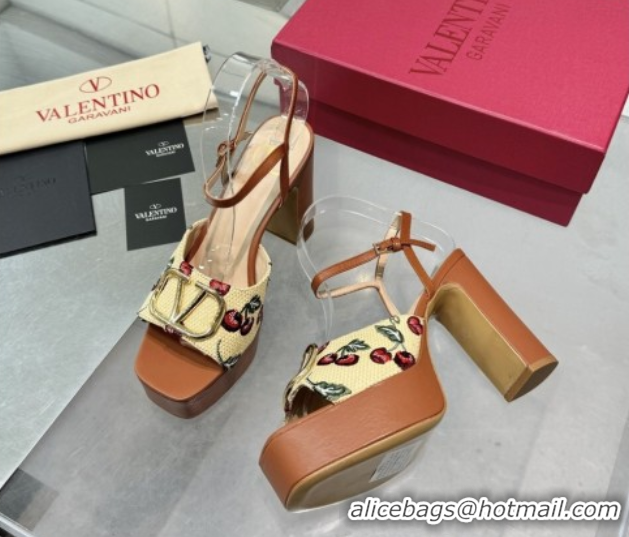 Most Popular Valentino Vlogo Signature Cherryfic Platform Sandals 11cm Jacquard Synthetic Raffia Brown 0902084