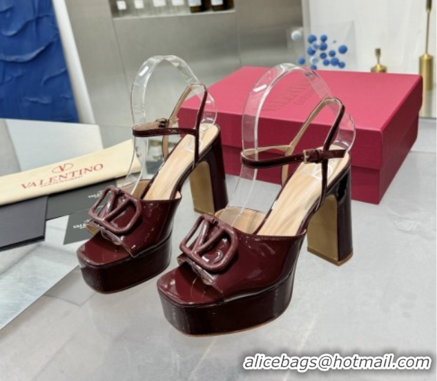 Charming Valentino Vlogo Signature Platform Sandals 11cm in Patent Leather Burgundy 0902089