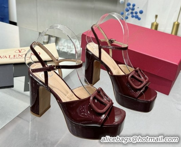 Charming Valentino Vlogo Signature Platform Sandals 11cm in Patent Leather Burgundy 0902089