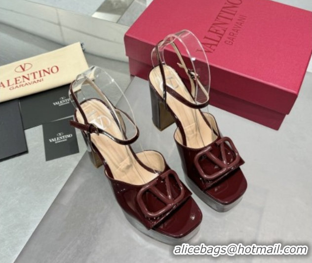 Charming Valentino Vlogo Signature Platform Sandals 11cm in Patent Leather Burgundy 0902089