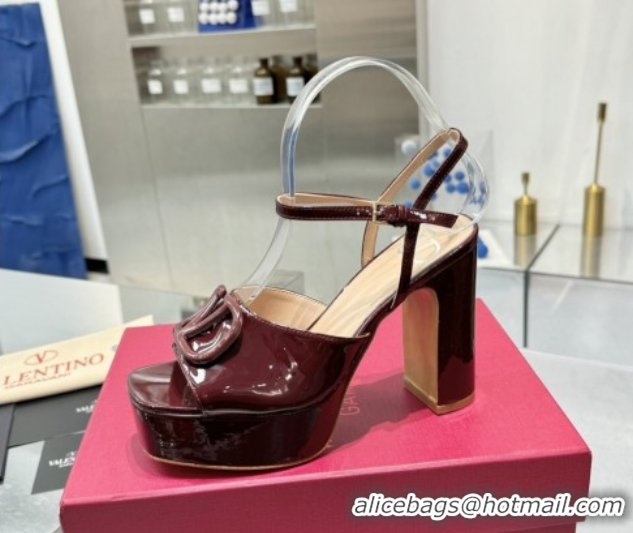 Charming Valentino Vlogo Signature Platform Sandals 11cm in Patent Leather Burgundy 0902089