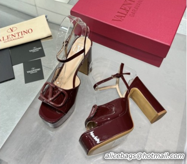 Charming Valentino Vlogo Signature Platform Sandals 11cm in Patent Leather Burgundy 0902089