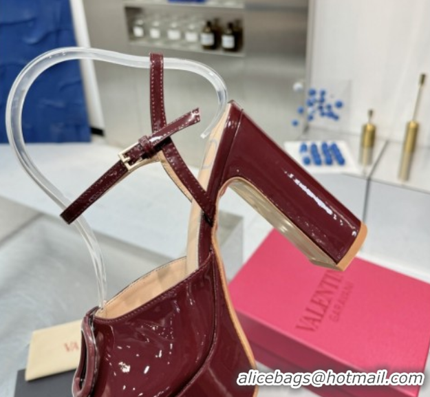Charming Valentino Vlogo Signature Platform Sandals 11cm in Patent Leather Burgundy 0902089