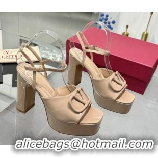 Luxury Valentino Vlogo Signature Platform Sandals 11cm in Patent Leather Nude 0902090