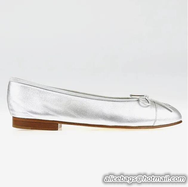 ​Shop Discount Chanel Metallic Leather CC Cap Toe Ballet Flats 67518 Silver