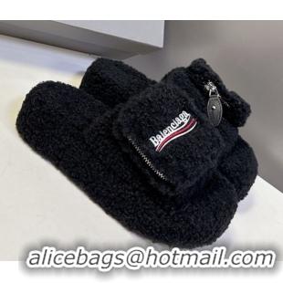 Pretty Style Balenciaga Shearling-Like Platform Slides Sandal Black 0827013