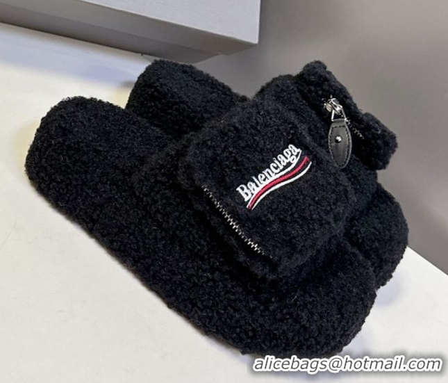 Pretty Style Balenciaga Shearling-Like Platform Slides Sandal Black 0827013