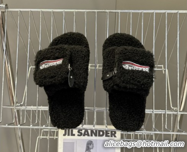 Pretty Style Balenciaga Shearling-Like Platform Slides Sandal Black 0827013