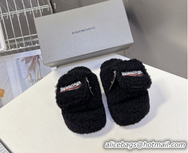 Pretty Style Balenciaga Shearling-Like Platform Slides Sandal Black 0827013