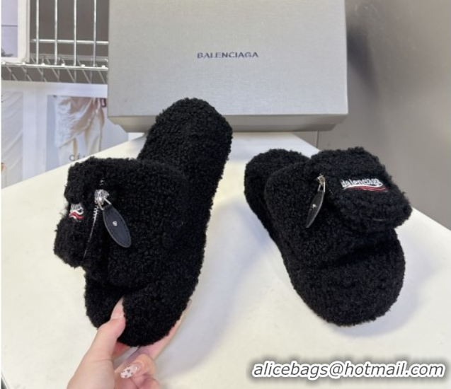 Pretty Style Balenciaga Shearling-Like Platform Slides Sandal Black 0827013