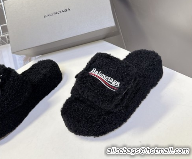 Pretty Style Balenciaga Shearling-Like Platform Slides Sandal Black 0827013