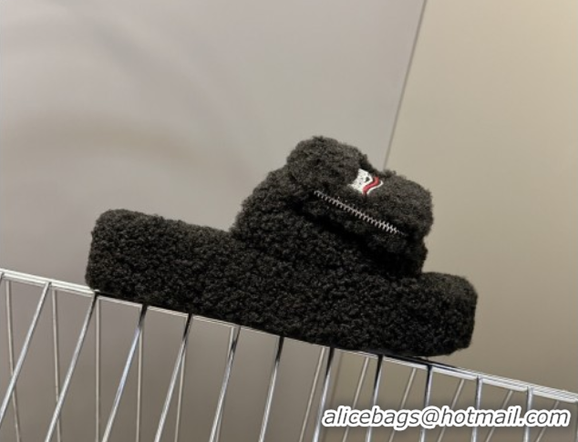 Pretty Style Balenciaga Shearling-Like Platform Slides Sandal Black 0827013