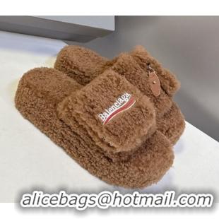Grade Quality Balenciaga Shearling-Like Platform Slides Sandal Brown 0827014
