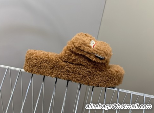 Grade Quality Balenciaga Shearling-Like Platform Slides Sandal Brown 0827014