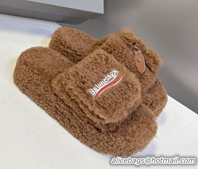 Grade Quality Balenciaga Shearling-Like Platform Slides Sandal Brown 0827014