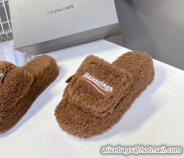 Grade Quality Balenciaga Shearling-Like Platform Slides Sandal Brown 0827014