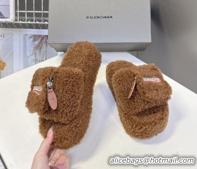 Grade Quality Balenciaga Shearling-Like Platform Slides Sandal Brown 0827014