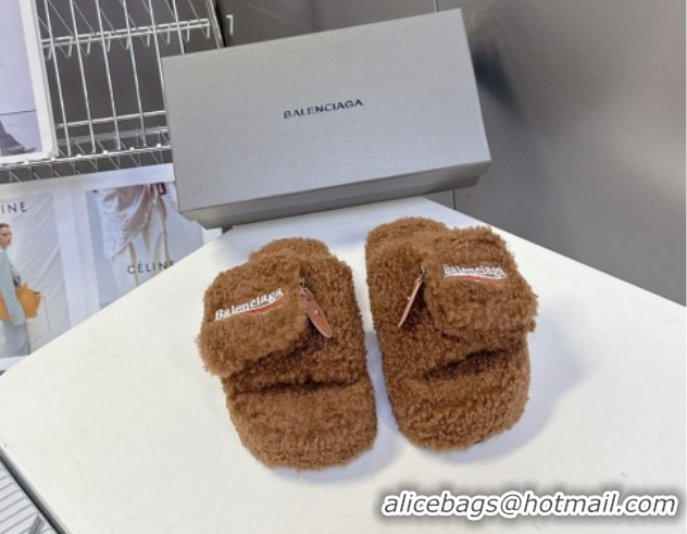 Grade Quality Balenciaga Shearling-Like Platform Slides Sandal Brown 0827014